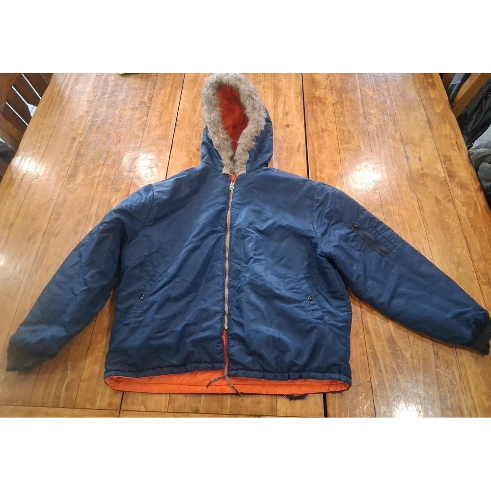 VTG Mens Unitog Union Bomber Jacket Fur Hood Mens Large 42R Blue Orange 1960's